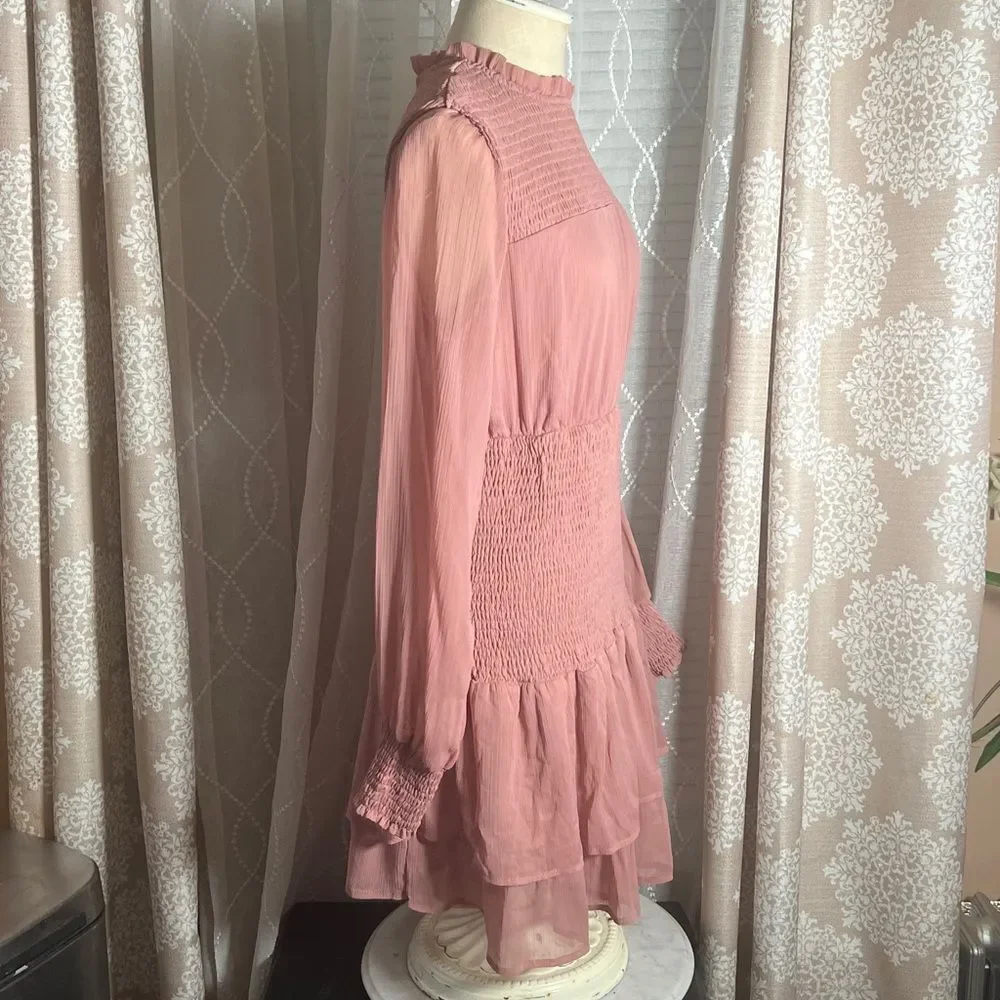 Fashion Nova Pink Long Sleeve Smocked Ruffle Dress – Size Large 🌸